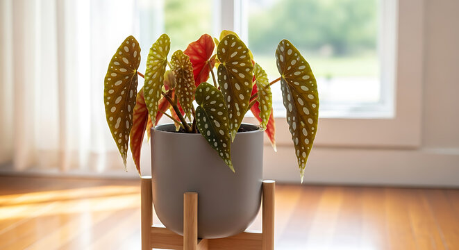 A vibrant polka dot plant sits in a gray pot indoors on transparent background