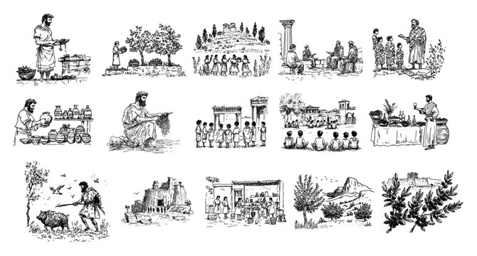 Ancient Greek daily life scenes showing people farming teaching and working in hand drawn sketch style