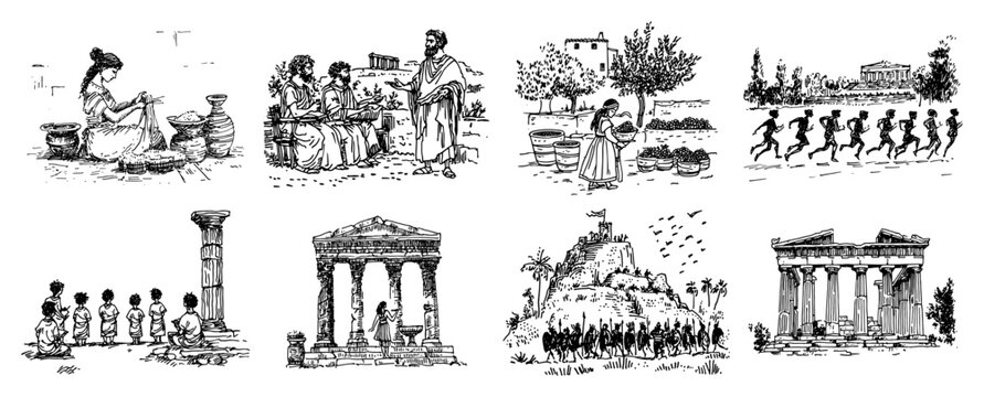 Ancient Greek daily life scenes featuring pottery making athletes and education in hand drawn doodle style