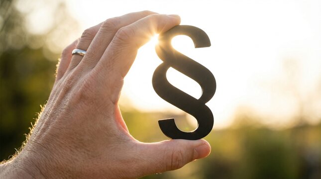 Hand h&auml;lt Paragraphen Symbol in Sonne, juristisches Konzept, Generative AI.