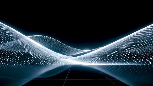Glowing wireframe wave mesh flowing across dark space with smooth curves and digital light creating abstract motion pattern with depth and energy