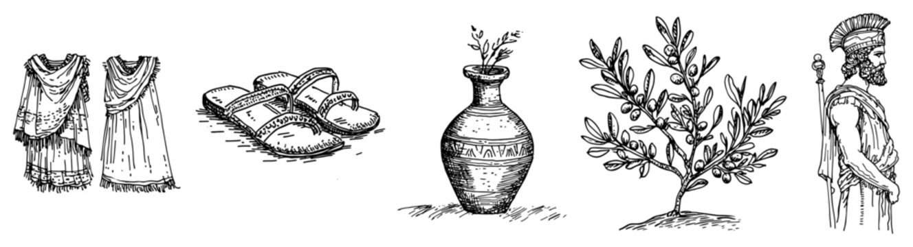 Ancient Greek clothing set with tunics sandals amphora and soldier in hand drawn sketch style