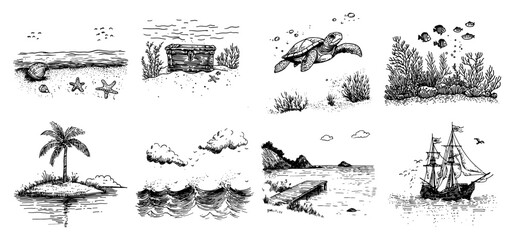 Nautical and ocean life collection with sea turtle sailing ship and tropical beach in sketch style © Kaz