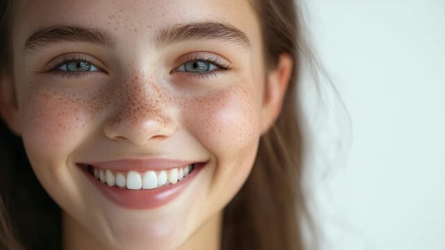 Girl with rosy cheeks and bright blue eyes, radiating happiness. High res portrait.