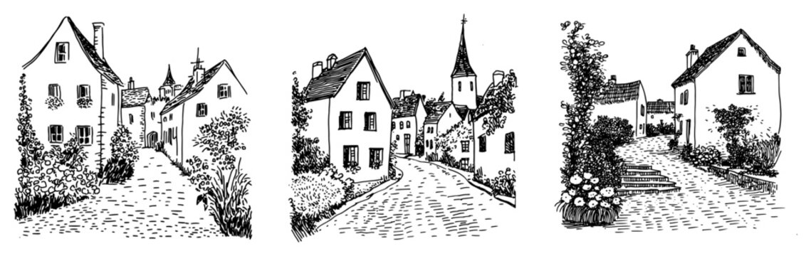 European village street scenes with historic houses and narrow paths in hand drawn sketch style