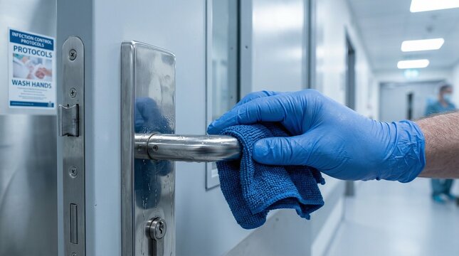 close up Hygiene And Infection Control, Hand In Glove Wiping Door Handle With Cloth, cleanliness, Generative AI.