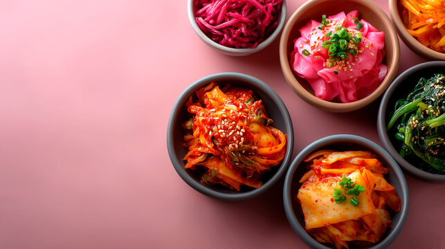 Assorted korean side dishes with kimchi pickled vegetables and greens in bowls on pink background top view colorful banchan set