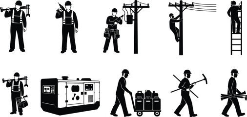 Obraz premium Electrical worker silhouettes, power line maintenance, utility pole tasks, industrial safety, energy infrastructure, professional labor, modern design, minimal art, workplace illustration