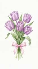 Obraz premium Bouquet of Purple Tulips with Pink Ribbon on White Background for Design Projects