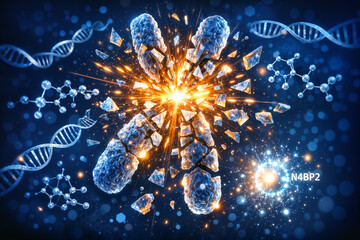 Fototapeta premium Chromothripsis chromosome shattering with glowing DNA breakthrough and N4BP2 enzyme catalyst visualization UC San Diego research molecular genetics oncology February 2026