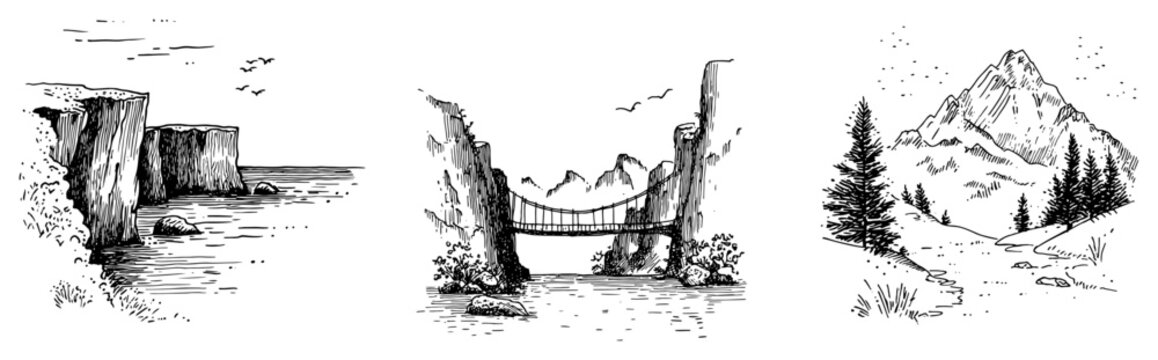 Scenic landscapes featuring coastal cliffs suspension bridge and mountain path in hand drawn sketch style