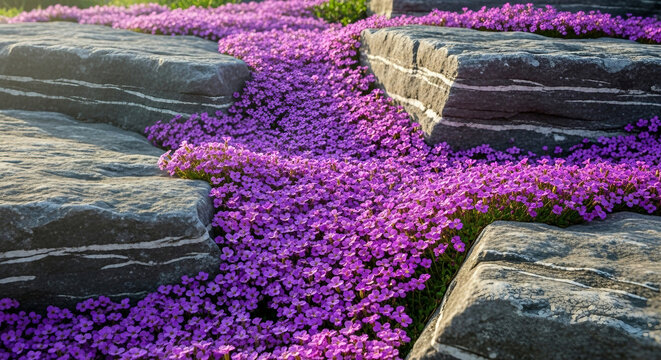 Purple creeping phlox groundcover blooming between garden rocks