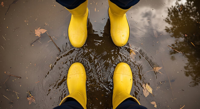 Yellow rain boots standing in a puddle with reflections on transparent background