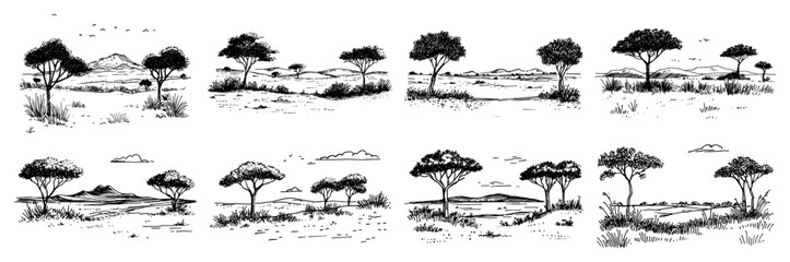 African savanna landscapes collection with acacia trees in minimalist doodle style © Kaz