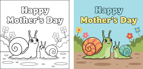 Mother’s Day snail mom with baby in garden cute cartoon vector illustration © MDBorhan