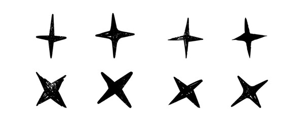 Set of Small Cross Sparkle Stars in Graffiti Tag Style with Expressive Marker Brush Stroke Isolated on Transparent Background for Urban Branding © dirtyfellas
