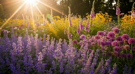 Naklejka premium Vibrant summer wildflower meadow with purple catmint at sunset