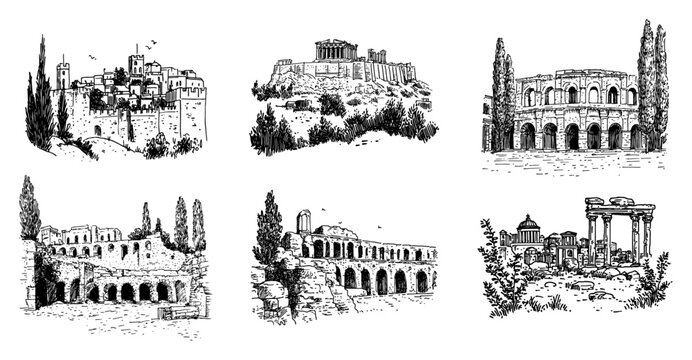 Historical landmarks and classical architecture ruins collection in hand drawn sketch style