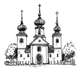 Baroque church building with onion domes and crosses in hand drawn sketch style © Kaz
