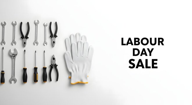 A collection of various hand tools including wrenches screwdrivers pliers and work gloves with a labour day sale promotion high quality professional