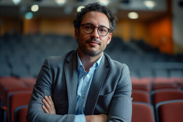 Fototapeta premium Economist and CEO of a company at a convention center.