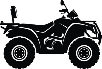 Black flat vector silhouette of an all-terrain vehicle ATV quad bike designed for off-road adventure, extreme sports, outdoor recreation, and rugged wilderness transportation. © MstAshida