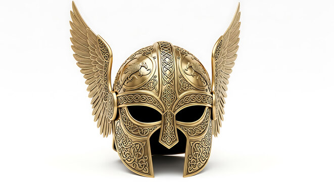 Detailed golden viking helmet with wings ornate design on transparent background
