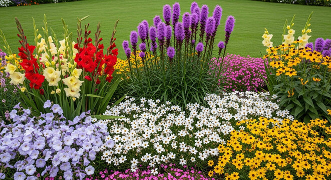 Vibrant summer flower bed with liatris gladiolus and black eyed susans