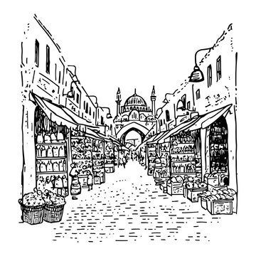 Oriental bazaar market street with mosque and traditional stalls in hand drawn sketch style