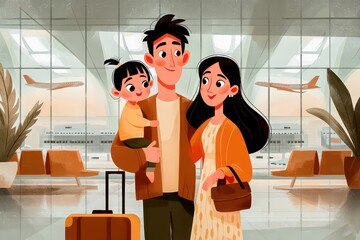 A cheerful family at the airport, ready to embark on their exciting travel adventure together.