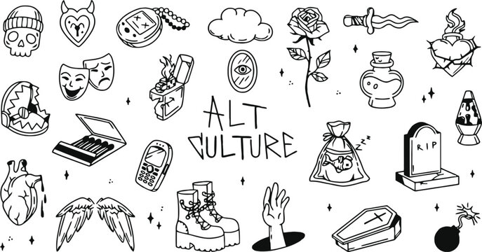 Alt Culture Tattoo Style Doodle Collection with Skulls and Hearts Keywords: alt culture, tattoo style, doodle, illustration, skull, heart, rose