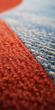 Macro textured carpet edge with red border and blue weave closeup fiber detail abstract pattern