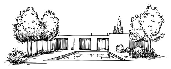 Modern villa with swimming pool and landscaped garden in sketch style © Kaz