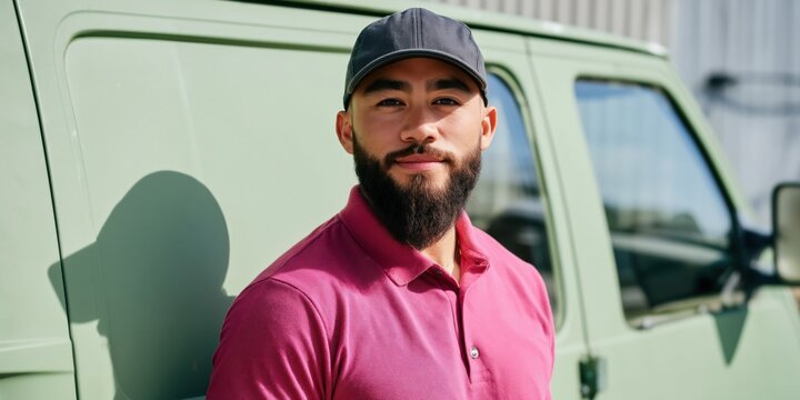 Confident hispanic male adult courier in pink polo and black cap leaning against a mint green van with trimmed beard outdoors