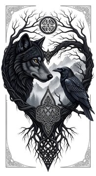 Celtic Wolf and Raven Mystical Heart Illustration