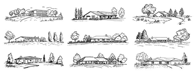 Suburban houses and residential ranch homes collection in hand drawn sketch style © Kaz