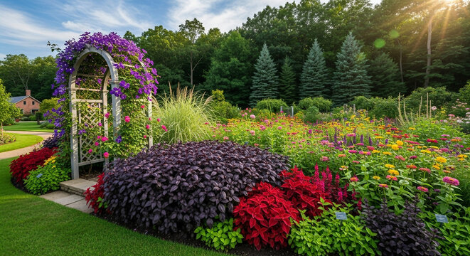 Beautiful flower garden with purple clematis arch and summer perennials