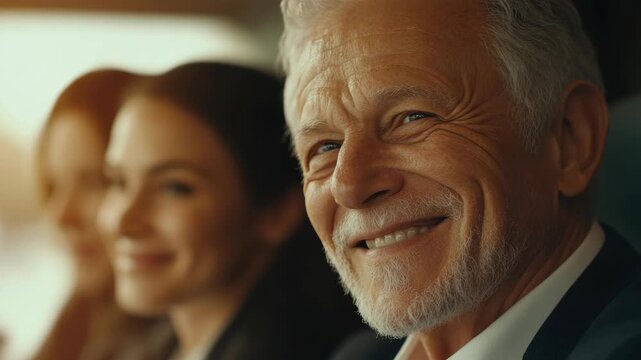 Old veteran actor with a beard and mustache smiling warmly, expressing charm and wisdom.