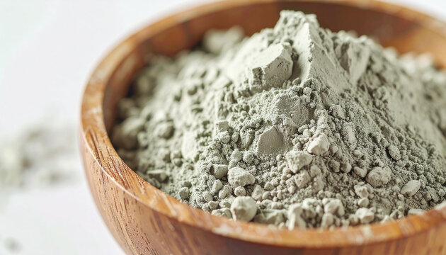Bentonite clay powder in wooden bowl, detailed powder texture, blurred white background, natural skincare and wellness