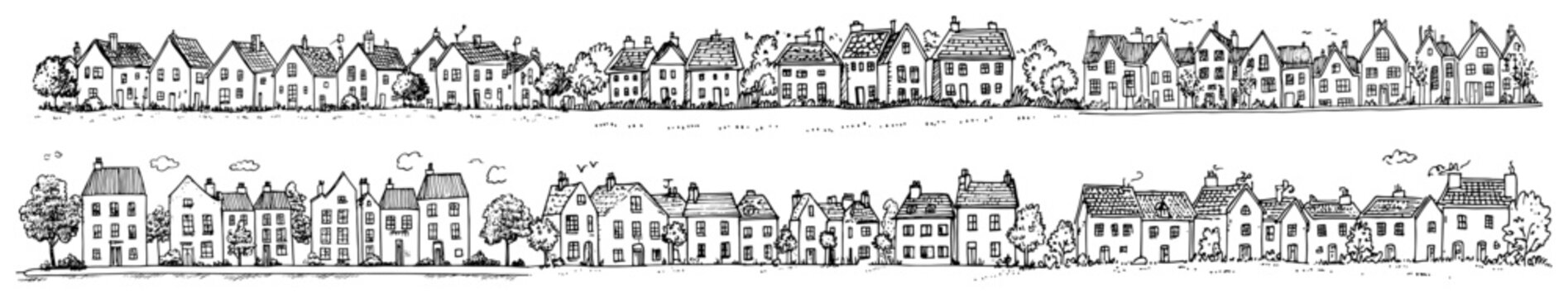Small town houses in long rows with trees in hand drawn sketch style
