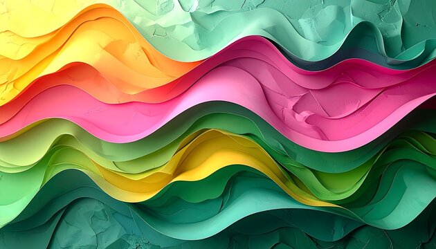 A vibrant abstract composition with layered, undulating forms in a spectrum of bold, saturated colors. The textures appear crumpled