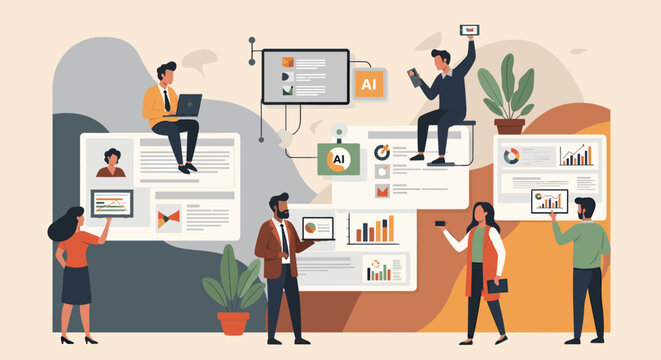 A stylish illustration depicting a businesswoman reviewing data on a screen, conveying analysis and strategic planning. Ideal for business reports, pr