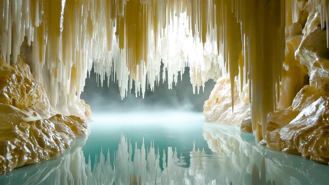 Golden cave interior with hanging stalactites above calm turquoise water creating reflective surface and natural limestone formations in serene setting
