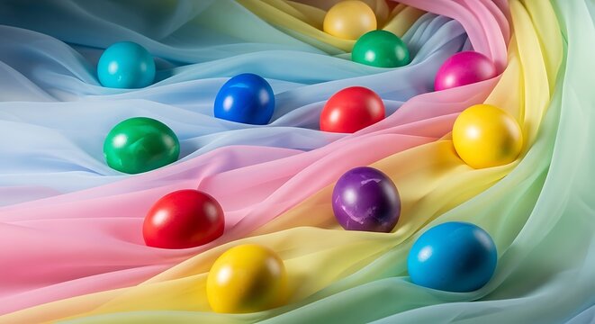 Colorful bokeh soap bubbles with vibrant rainbow reflections on soft fabric background
