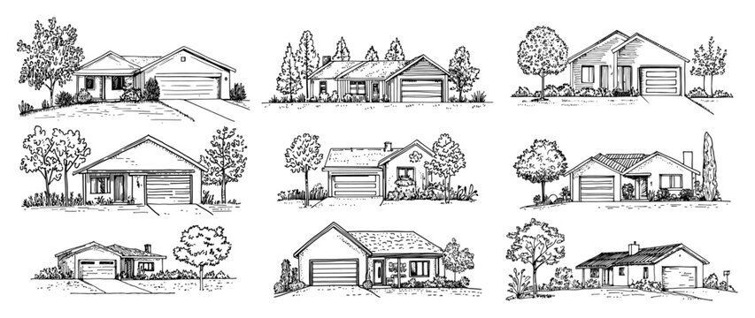 Suburban family houses collection with garages and gardens in hand drawn sketch style
