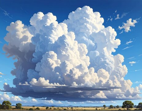 A vibrant depiction of a colossal cumulus cloud formation dominating a bright blue sky over a tranquil landscape