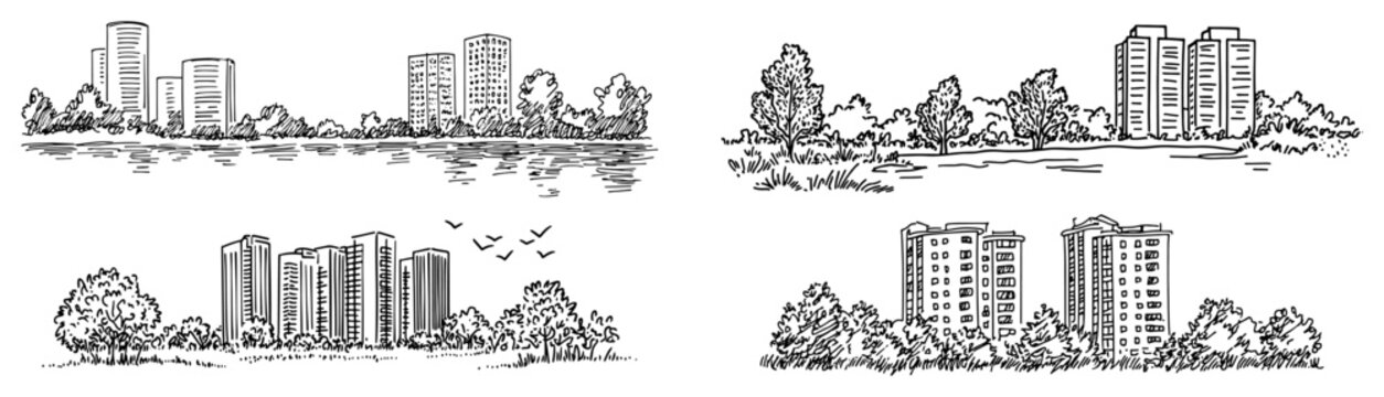 Modern city skyline views with skyscrapers and apartment towers in hand drawn sketch style