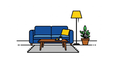 Fototapeta premium Cozy Living Room Illustration with Blue Sofa and Lamp.