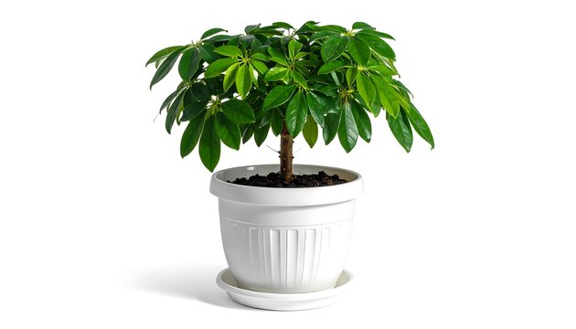 A vibrant, potted leafy green houseplant against a white background, casting a soft shadow