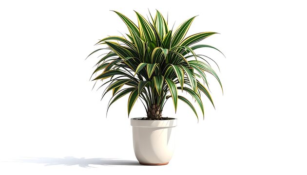 A vibrant, potted plant with variegated green and yellow leaves, isolated on a white backdrop, casting a soft shadow
